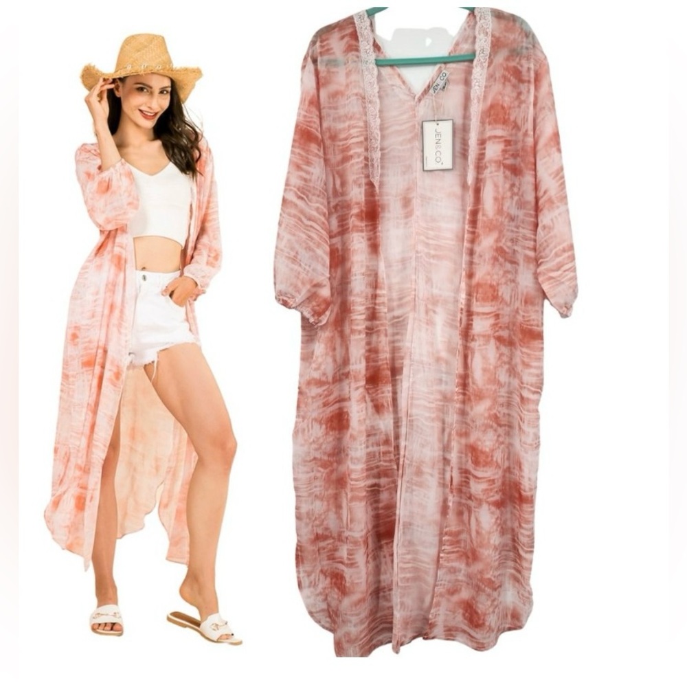 JEN & CO Tie Dye Peach Kimono Duster Swim Coverup Jacket One Size NWT